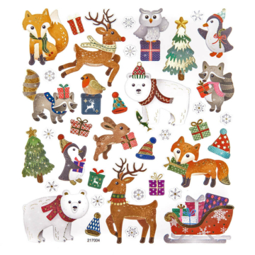 Karácsonyi matrica, téli állatok ajándékokkal, 15x17cm