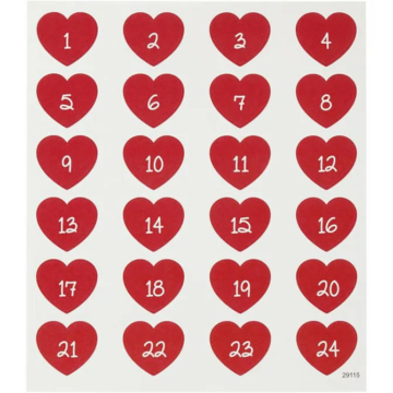 Karácsonyi matrica, adventi naptár, számok 1-24-ig, szív alakú, 15x17cm