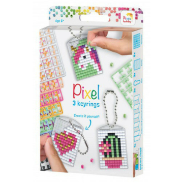 Pixel kulcstartókészítő szett 3 kulcstartó alaplappal, 8 színnel, mintákkal, lányos
