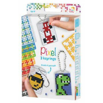 Pixel kulcstartókészítő szett 3 kulcstartó alaplappal, 8 színnel, mintákkal, fiús