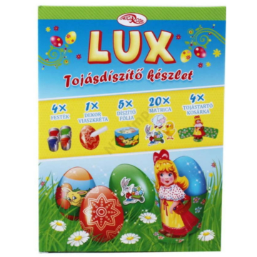 Lux tojásdíszítő, tojásfestő szett húsvétra, 34 db-os (4 színű tojásfesték, kréta, 5 db fólia, 20 db matrica, 4 db kivágóív)