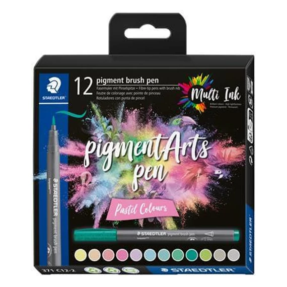 Filctoll készlet, 12 db-os, ecsetvégű, Staedtler Pigment brush 371, pasztell színek
