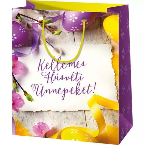 Húsvéti ajándéktáska 23x18x10cm, közepes, lila-sárga, Kellemes Húsvéti Ünnepeket!