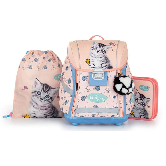 Cicás csatos ergonómikus iskolatáska tolltartóval és tornazsákkal, Premium Light, My little kitty