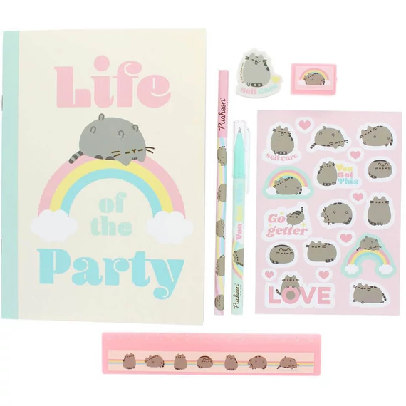 Pusheen cicás írószer szett, 8 db-os (notesz, írószerek, matrica) simítózáras tasakban, Life of the Party