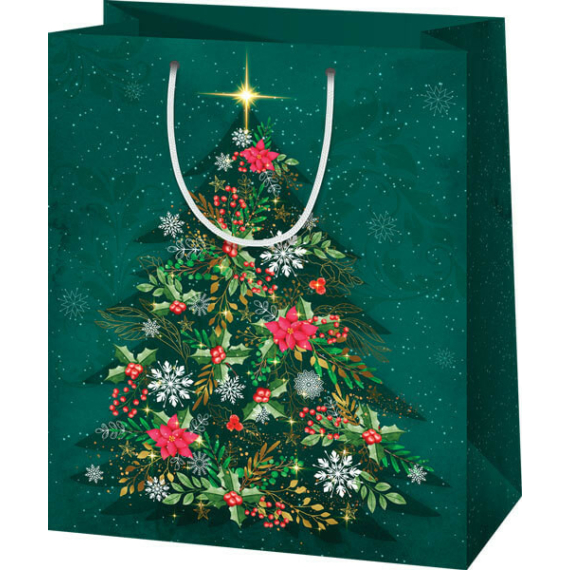 Karácsonyi ajándéktáska 23x18x10cm, közepes, zöld, fenyőfa
