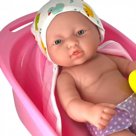 Berenguer Újszülött játékbaba fürdőköpenyben káddal 33cm