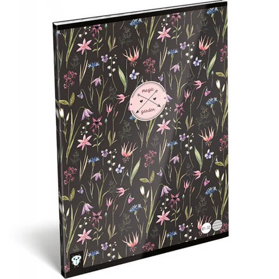 Lizzy Card virágos tűzött füzet A/4, 32 lap vonalas, Magic Garden, fekete