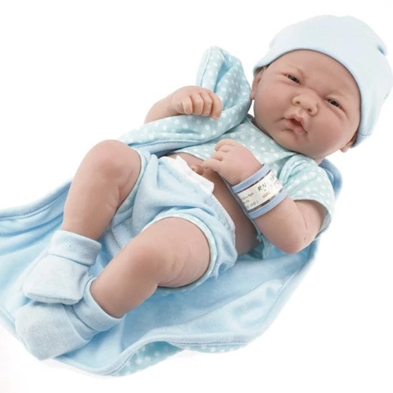 Berenguer újszülött fiú karakterbaba pöttyös kék ruhában 36cm